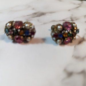 VTG screw post back costume jewelry earrings rhinestom pearl bouquet oval gold